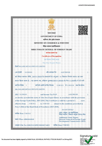 Certificate of Recognition One Star Export House