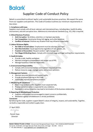 Supplier Code of Conduct Policy